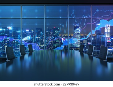Forex graph and an amazing night view of the business city area. A metaphor of international financial consulting.