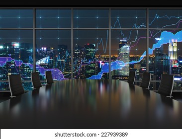 Forex graph and an amazing night view of the business city area. A metaphor of international financial consulting. 