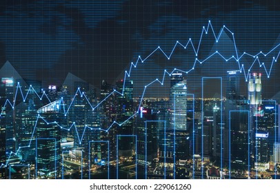 Forex graph and an amazing night view of the business city centre. A metaphor of international financial consulting. 