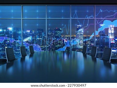 Forex graph and an amazing night view of the business city area. A metaphor of international financial consulting.
