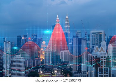 FOREX graph hologram, aerial night panoramic cityscape of Kuala Lumpur. KL is the developed location for stock market researchers in Malaysia, Asia. The concept of fundamental analysis.