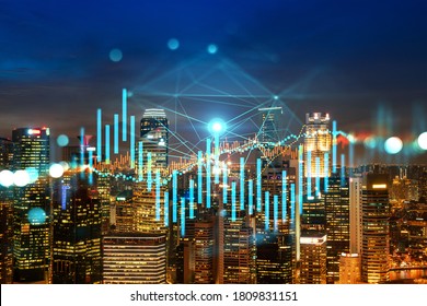 FOREX graph hologram, aerial night panoramic cityscape of Singapore, the developed location for stock market researchers in Asia. The concept of fundamental analysis. Double exposure. - Shutterstock ID 1809831151
