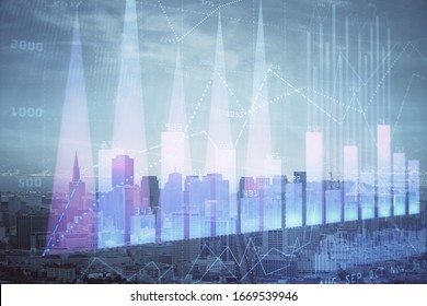 Forex graph on city view with skyscrapers background multi exposure. Financial analysis concept. - Shutterstock ID 1669539946