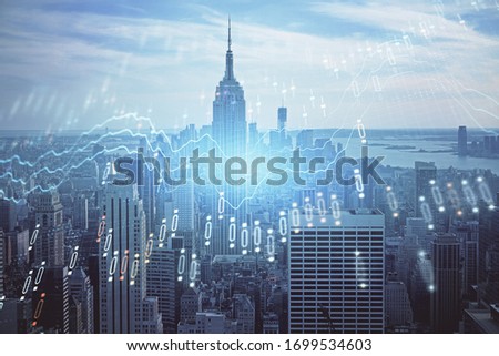 Forex graph on city view with skyscrapers background double exposure. Financial analysis concept.