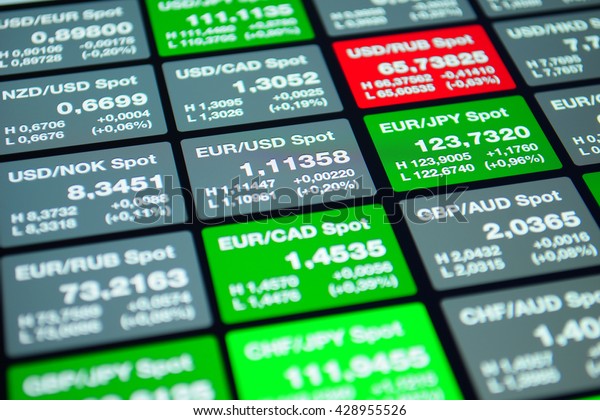 Forex market, trading on the currency market
concept. Forex tickers board, exchange rate for world currencies:
US Dollar, Euro, Frank, Yen.
