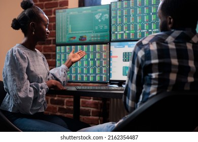 Forex stock market company professional traders analyzing real time financial data to predict market trend. Sale advisors sitting at multi monitor workstation while reviewing buy and sell price ranges - Powered by Shutterstock