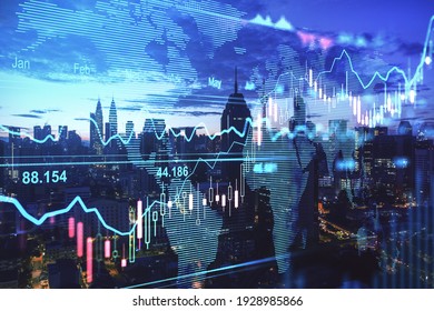 Forex trade market concept with digital indicators, graphs, financial diagram at night Kuala Lumpur city background. Double exposure