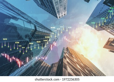 Forex trade market and development concept with growing digital candlestick and indicators on sunny skyscrapers background. Double exposure