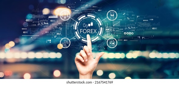 Forex Trading Concept With Hand Pressing A Button On A Technology Screen