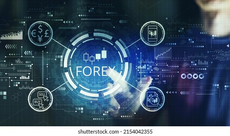 Forex Trading Concept With Young Man Touching A Digital Screen At Night