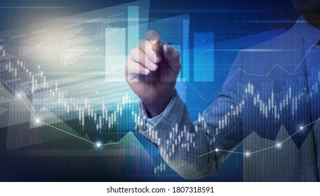 Forex Trading. Man Using Virtual Screen, Double Exposure