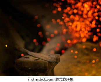 Forge Fire In Furnace. Blacksmith Tempers A Steel Product In A Stove. Smithy Forging For Hardening And Heating Iron. Blacksmith Stove