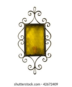 forged iron lamp with yellow window glass on a white background
