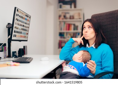 Forgetful Mother Holding Baby In Her Lap At The Desk. Pensive Mom Realizing She Made A Mistake And Panicking 
