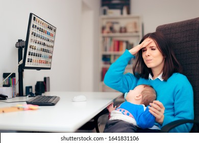 Forgetful Mother Holding Baby In Her Lap At The Desk. Pensive Mom Realizing She Made A Mistake And Panicking 