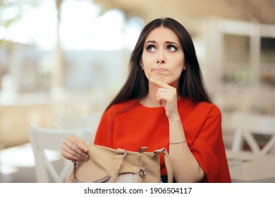 Forgetful Woman Checking Her Messy Purse. Girl Unable To Pay Restaurant Bill Looking For Her Wallet
