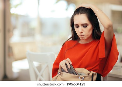 Forgetful Woman Checking Her Messy Purse. Girl Unable To Pay Restaurant Bill Looking For Her Wallet
