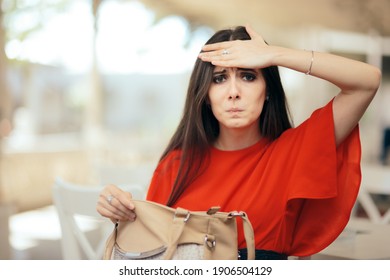 Forgetful Woman Checking Her Messy Purse. Girl Unable To Pay Restaurant Bill Looking For Her Wallet
