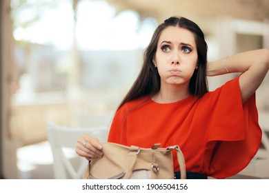 Forgetful Woman Checking Her Messy Purse. Girl Unable To Pay Restaurant Bill Looking For Her Wallet
