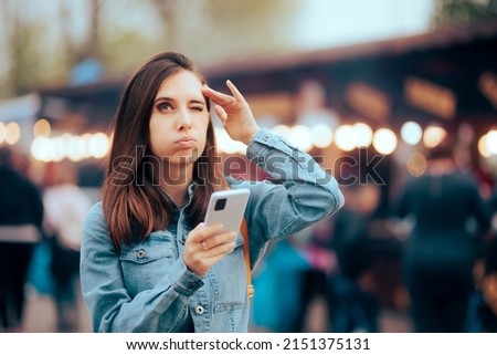 
Forgetful Woman using Phone App as Reminder. Puzzled person organizing her life using a digital planner on her smartphone
