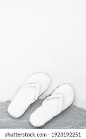 Forgotten Flip Flops In The Snow. Unexpected Weather Concept.