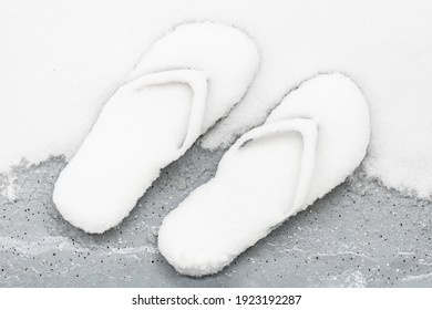 Forgotten Flip Flops In The Snow. Unexpected Weather Concept.