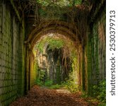 A forgotten train tunnel is overtaken by nature, with vines and moss growing along its crumbling stone walls. Sunlight filters through the overgrowth, adding a sense of abandonment to the scene.