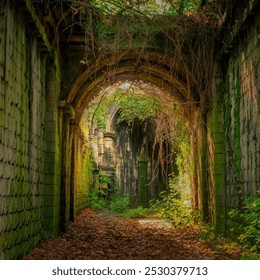 A forgotten train tunnel is overtaken by nature, with vines and moss growing along its crumbling stone walls. Sunlight filters through the overgrowth, adding a sense of abandonment to the scene. - Powered by Shutterstock