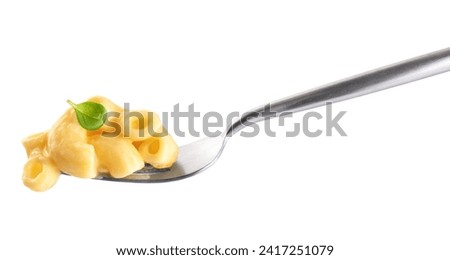Fork with creamy macaroni and cheese isolated on white background. Mac and cheese. With clipping path.