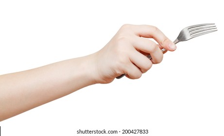 Fork In Female Hand Isolated On White Background