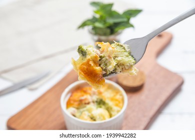 Fork Holding Bacon Broccoli Souffle