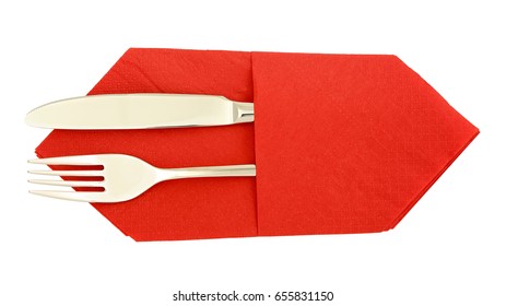 Fork And Knife In Paper Napkin Isolated On White