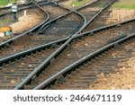 Fork in the railway tracks, close-up. Transport, rail traffic, rail freight.