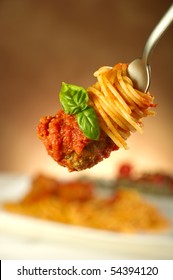 Fork With Spaghetti Basil And Meatball