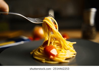 A fork twirling spaghetti with cherry tomatoes and a light sauce, lifted from a plate, creating a dynamic and appetizing scene with blurred background. - Powered by Shutterstock