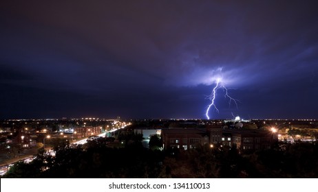 Forked Lightning During A Night Thunderstorm Over Regina, SK, Canada.