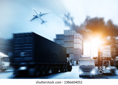 Forklift handling container box loading and Container Cargo freight ship with working crane bridge in shipyard at sunrise for Logistic Import Export background