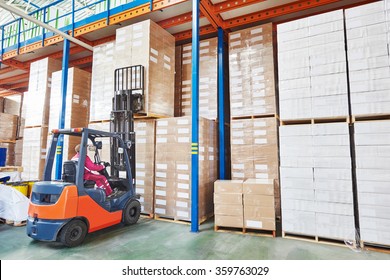 Forklift Loader Working In Warehouse 