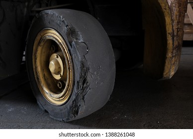 Forklift Tires In The Factory With Torn Tire Condition And Not Safe To Use.