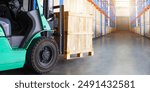 Forklift Tractor Unloading Wooden Crates in Warehouse. Forklift Loader. Bulk Pallets. Tall Shelve Storage Warehouse. Supply Chain, Supplies Shipment. Warehouse Shipping Logistics.