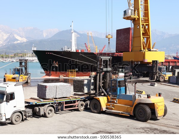 Forklift Truck Harbor Loading Cargo Ship Stock Photo Edit Now 100538365