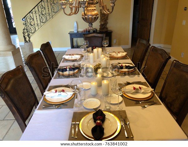 Formal Dining Table Decorated Thanksgiving Dinner Stock Photo