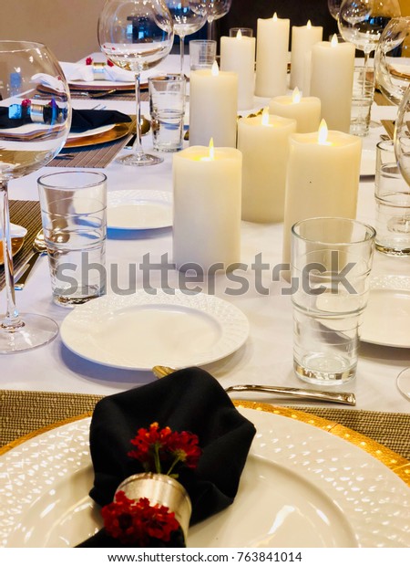 Formal Dining Table Decorated Thanksgiving Dinner Stock Photo