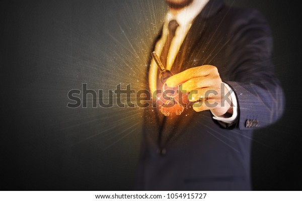 Formal man\
hand over shiny keys with dark\
background
