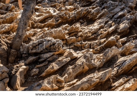 formations of limestone rocks, as discs emerging from the earth. Entrance to the mountain of apparitions in Medjugorie