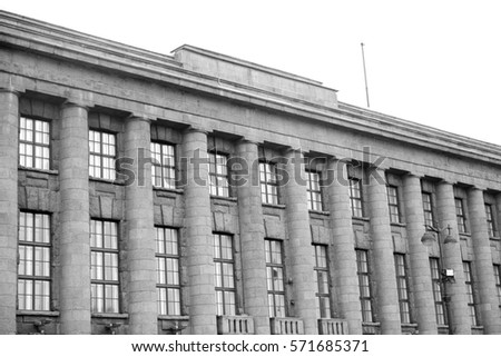 The former building of the German Embassy built in 1911-1913 under the project of Peter Behrens in St.Petersburg, Russia. Black and white.