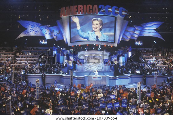 Former First Lady Hillary Rodham Clinton,\
the candidate for New York Senate, at the 2000 Democratic\
Convention at the Staples Center, Los Angeles,\
CA