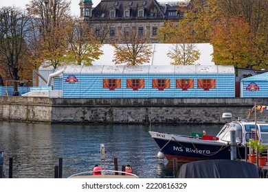 Former Fortification Named Bauschänzli At City Of Zürich With Blue And White Restaurant Tent With October Feast Decoration On An Autumn Day. Photo Taken October 30th, 2022, Zurich, Switzerland.