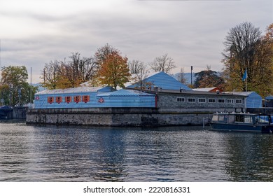 Former Fortification Named Bauschänzli At City Of Zürich With Blue And White Restaurant Tent With October Feast Decoration On An Autumn Day. Photo Taken October 30th, 2022, Zurich, Switzerland.