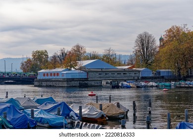 Former Fortification Named Bauschänzli At City Of Zürich With Blue And White Restaurant Tent With October Feast Decoration On An Autumn Day. Photo Taken October 30th, 2022, Zurich, Switzerland.